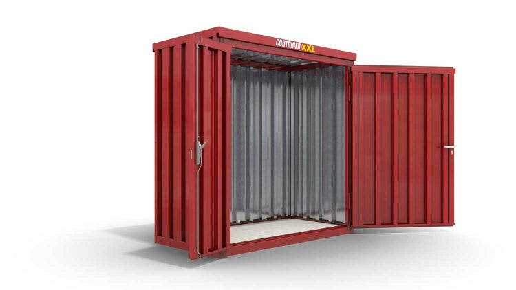 Lagercontainer Gerätehaus XS  – 2 qm, H2150 x B2100 x T1140 mm, Außenwandlackierung RAL 3000 feuerrot, Dach außen verzinkt, mit Holzfußboden, 1830 mm Doppelflügeltür mittig in Breitseite, montiert