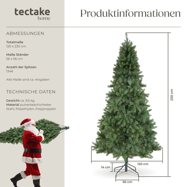 Tectake Home Logo mit künstlichem Weihnachtsbaum, 230 Zentimeter hoch, inklusive Ständer und Maßangaben in technischer Zeichnung.