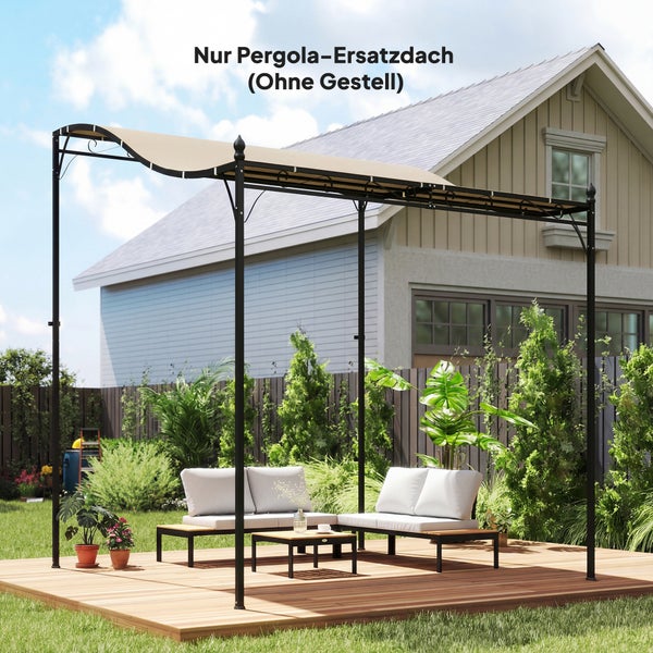 Ersatzdach für Pergola auf einer Holzterrasse mit Sitzgruppe im Garten vor einem Haus.