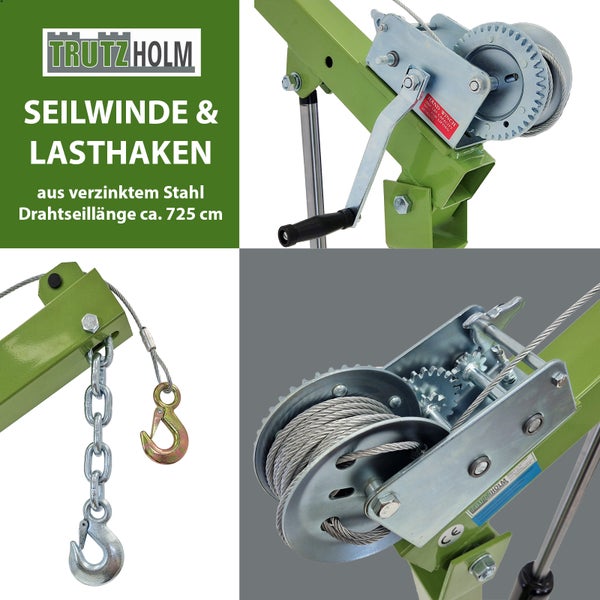 Trutzholm Seilwinde mit Lasthaken aus verzinktem Stahl und einer Drahtseillänge von circa 725 Zentimeter