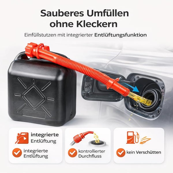 Schwarzer Kraftstoffkanister mit Einfüllstutzen zum sauberen Umfüllen ohne Kleckern.