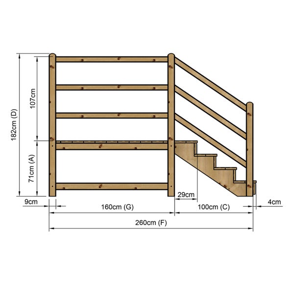 Technische Zeichnung einer Holztreppe mit Geländer und Maßangaben