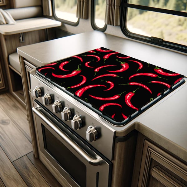 Herdblende-/Abdeckplatte Abdeckplatte Herd - Acrylglas Chillis Rot Schwarz | Spritzschutz | Küchenrückwand | Lokal produziert Camping | COV00056 | 80cm x 52cm x 0.4cm