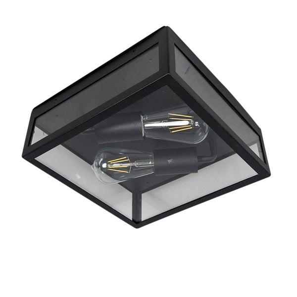 Quadratische Deckenleuchte mit schwarzem Metallrahmen und Klarglas-Einsätzen sowie zwei sichtbaren Filament-Leuchtmitteln.