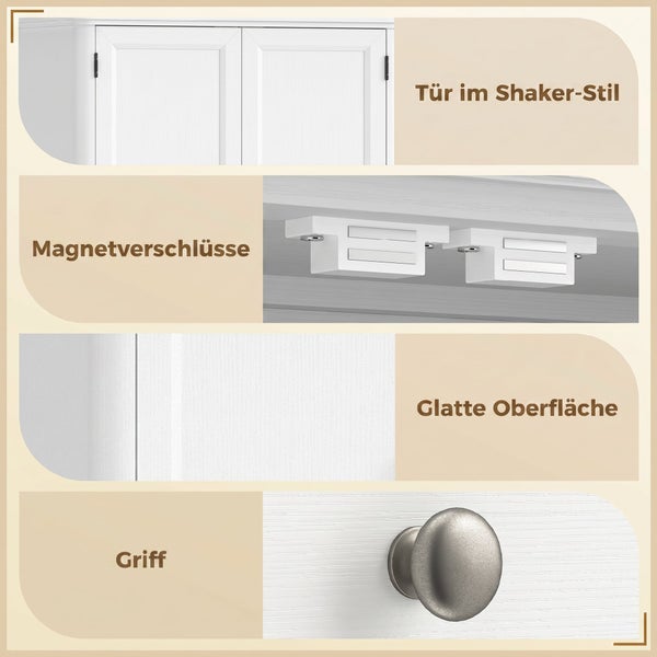 Collage zeigt Details eines Schranks: Shaker-Stil Türen, Magnetverschlüsse, eine glatte Oberfläche und einen runden Griff.