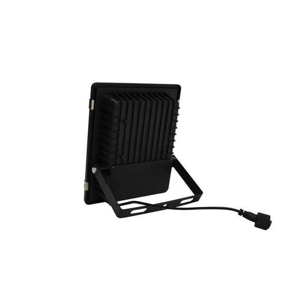 Schwarzer LED-Strahler mit Anschlusskabel und Halterung.