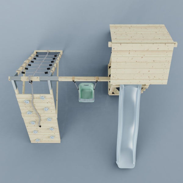 Spielturm mit Kletterwand, Kletternetz, Schaukel und Rutsche