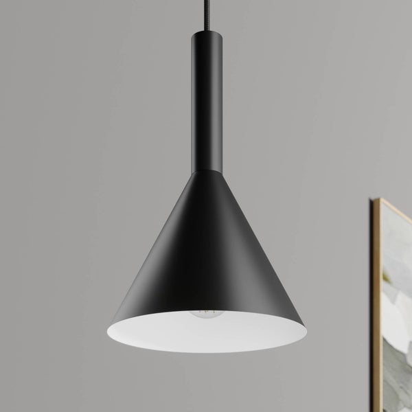 Schwarze Hängeleuchte in Kegelform mit weißer Innenseite und zylindrischem Hals.