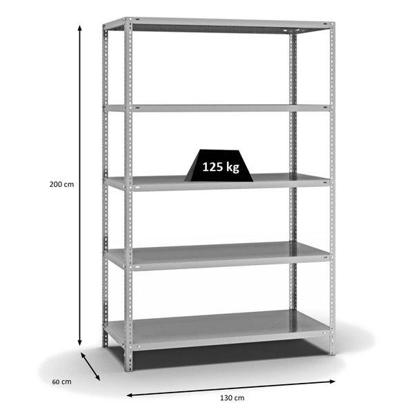 PROREGAL Fachbodenregal Schraubsystem Light-Duty Grundregal HxBxT 200 x 130 x 60 cm 5 Ebenen Fachlast 125 kg Beidseitig Nutzbar Verzinkt