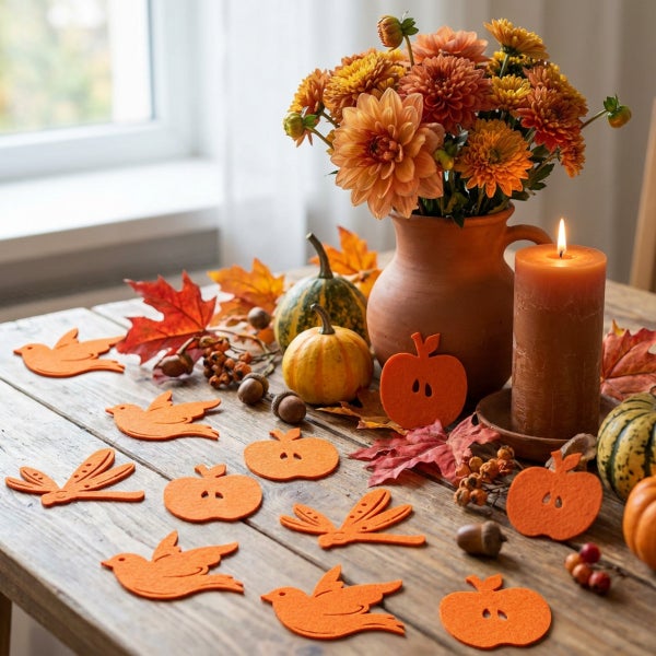 Herbstliche Tischdekoration aus Filzfiguren in Vogel- und Apfelform mit Kürbissen, einer brennenden Kerze und einem Blumenstrauß auf Holztisch.