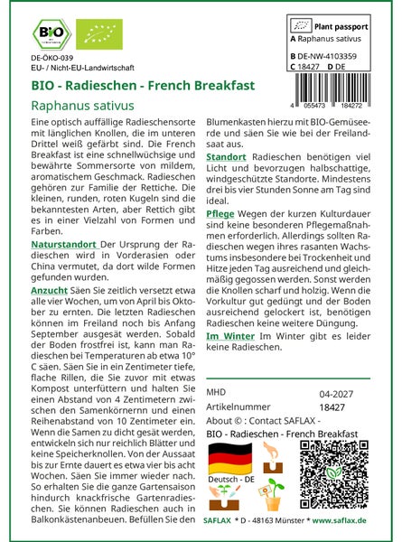 SAFLAX Geschenk Set - BIO - Radieschen - French Breakfast - Raphanus sativus - 150 Samen - Mit Geschenkbox, Versandaufkleber, Geschenkkarte und Anzuchtsubstrat