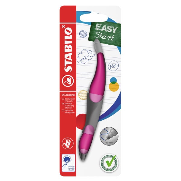 Refillbarer Tintenroller STABILO EASYoriginal in Pink und Grau für Rechtshänder mit ergonomischem Griff, Strichstärke 0,5 Millimeter, löschbar.