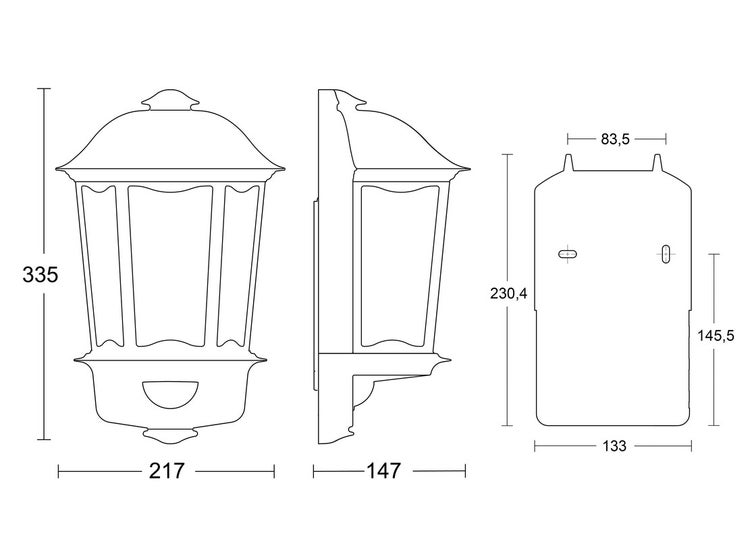 Maßzeichnung einer Außenwandleuchte mit Abmessungen: Höhe 335, Breite 217, Tiefe 147. Zeigt Frontansicht, Seitenansicht und Rückansicht.