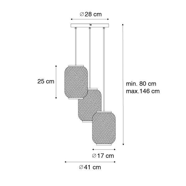 Technische Zeichnung einer Pendelleuchte mit drei Leuchten und Maßangaben