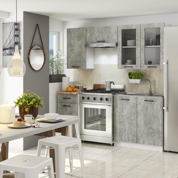 Moderne Küche mit grauen Schränken, Esstisch und weißen Barhockern.