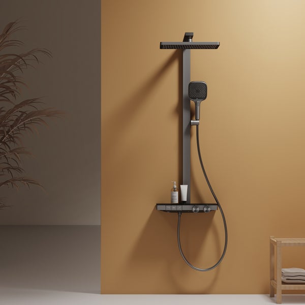 EMKE Duschsystem mit Thermostat, LED-Temperaturanzeige, Regendusche 36 x 24 cm, 4 Strahlarten, höhenverstellbare Brausestange, Anthrazit Matt