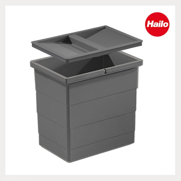 Hailo Mülleimer aus Kunststoff mit Deckel in Grau. Hailo Logo.