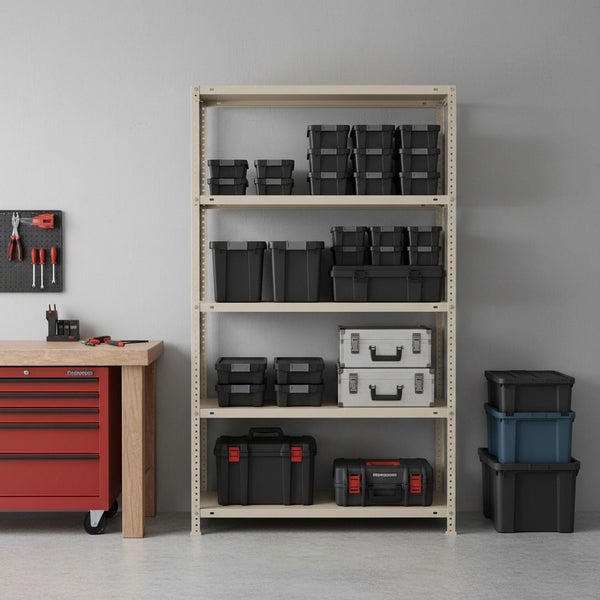 Beiges Metallregal mit fünf Ebenen, bestückt mit Aufbewahrungsboxen und Werkzeugkoffern, neben einer Werkbank in einer hellen Werkstatt.