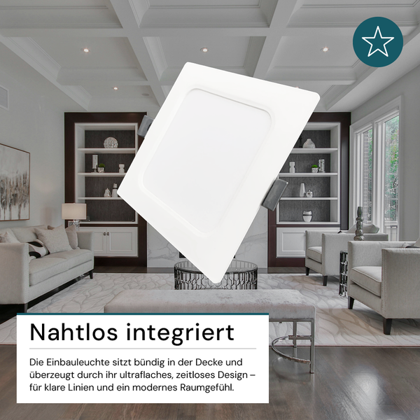 Quadratische LED Einbauleuchte in einem modern eingerichteten Wohnzimmer