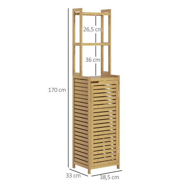 HOMCOM Badezimmerschrank aus Bambus Badschrank mit Schrankfach, Toilettenschrank mit 3 Offen Fächern, Kippschutz, für Bad, Naturholz, 38,5 x 33 x 170 cm
