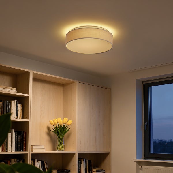 Beige Deckenleuchte beleuchtet einen Raum mit Bücherregal und Fenster