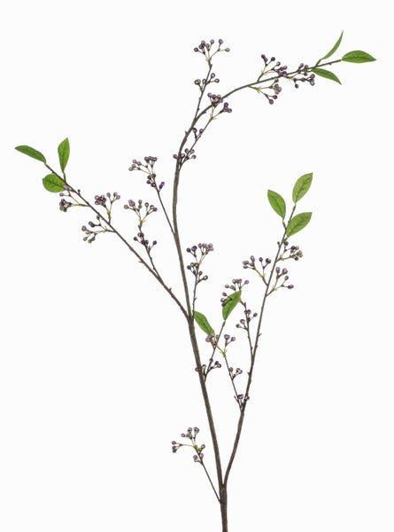 Künstlicher Beerenzweig mit lila Beeren und grünen Blättern.