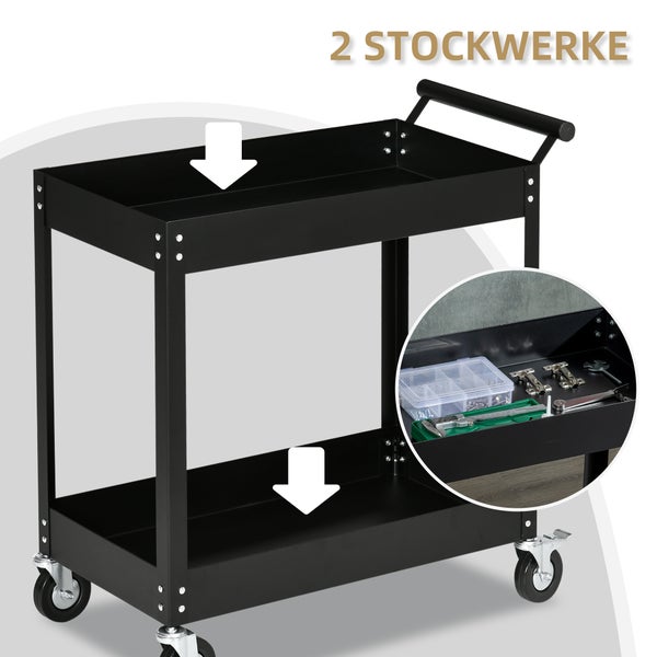 DURHAND Werkstattwagen mit 2 Etagen, Werkzeugwagen leer, Transportwagen, seitlicher Griff, 4 Rollen, Stahl, bis 150 kg Tragkraft, 84,5 x 38 x 84 cm, Schwarz