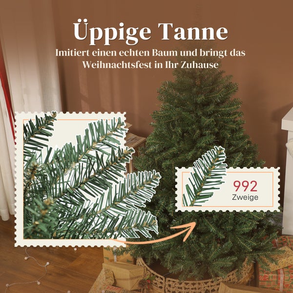 Künstlicher Weihnachtsbaum üppige Tanne mit 992 Zweigen und realistischer Nadeloptik in einer weihnachtlichen Wohnraumszene.