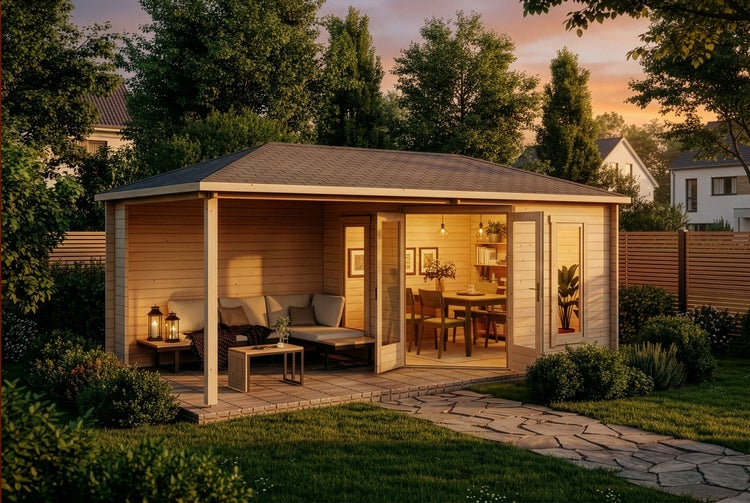 Holzgartenhaus mit Terrasse und Gartenmöbeln im Grünen