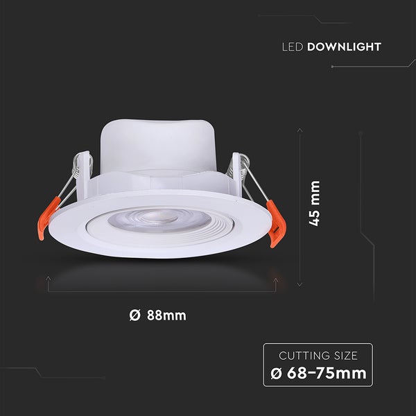 LED Downlight mit den Maßen Durchmesser 88 mm, Höhe 45 mm und einem Zuschnitt von 68 bis 75 mm