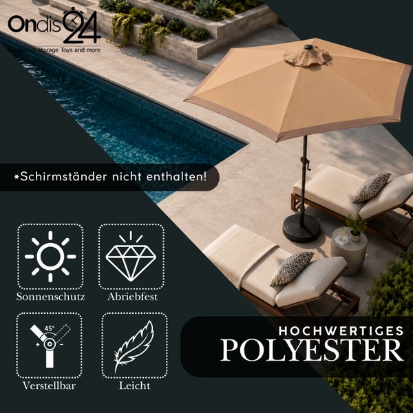 Ondis24 Logo. Sonnenschirm aus Polyester am Pool mit Liegen. Funktionen: Sonnenschutz, abriebfest, 45 Grad verstellbar, leicht. Ohne Schirmständer.