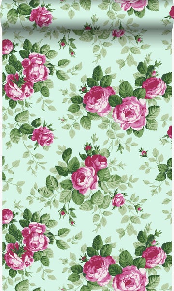 Origin Wallcoverings Tapete Rosen Seladongrün und Rosa - 53 cm x 10.05 m - 326139