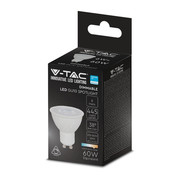 V-TAC LED GU10 Spotlight, 6 Watt, dimmbar, 445 Lumen, warmweiß, 38 Grad Abstrahlwinkel, Verpackung.
