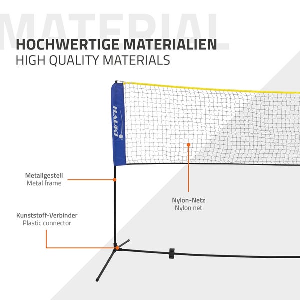 Hauki Badminton Netz, Tennisnetz 400 cm, Blau, H156 cm, Federballnetz Set inkl. 3x Federball, Transporttasche, stabilem Eisen-Gestell, Tragbares Volleyballnetz, Trainingsnetz Indoor & Outdoor, Garten
