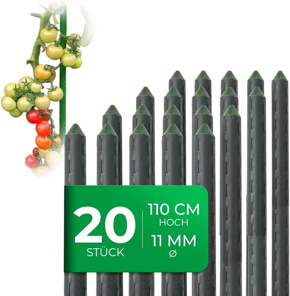 20 Tomatenstäbe, Höhe 110 Zentimeter, Durchmesser 11 Millimeter, zur Unterstützung von Tomatenpflanzen.