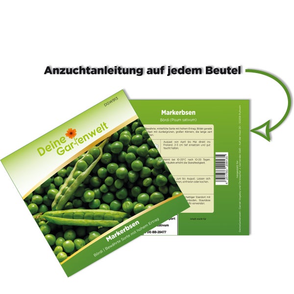 Samenbeutel für Markerbsen von Deine Gartenwelt, Darstellung von Vorderseite und Rückseite mit Anzuchtanleitung.