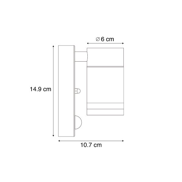 Technische Zeichnung einer Wandleuchte mit Maßen: Höhe 14.9 Zentimeter, Tiefe 10.7 Zentimeter und Durchmesser 6 Zentimeter.