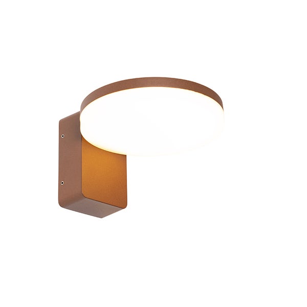 Moderne rostfarbene Außenwandleuchte mit rundem LED-Leuchtelement und rechteckiger Halterung.