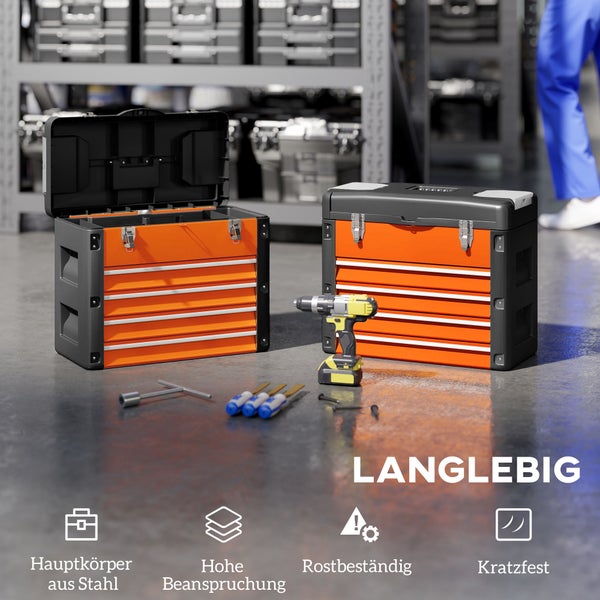 Drei Werkzeugkisten mit Schubladen vor Reifenstapeln in einer Werkstatt.