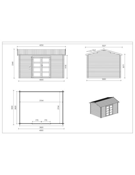 Technische Zeichnung eines Gartenhauses mit Maßen für die Vorderansicht, Seitenansicht, den Grundriss und die perspektivische Darstellung.