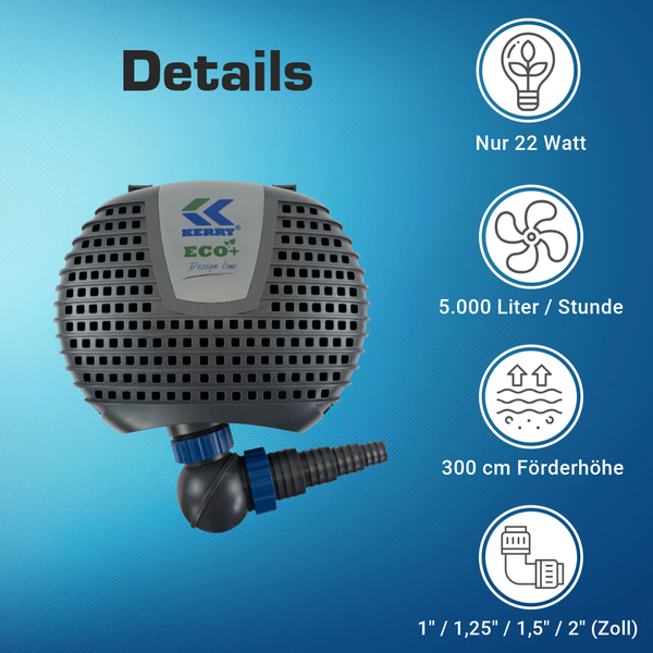 Kerry Eco Plus Teichpumpe mit 22 Watt Leistung, 5.000 Liter pro Stunde Fördermenge, 300 Zentimeter Förderhöhe und Anschlüssen von 1 bis 2 Zoll.