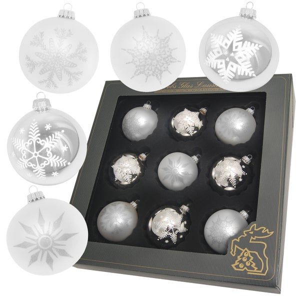 Silber/Satin-Silber 8cm Glaskugelsortiment, mundgeblasen, handdekoriert, 9 Stck., Weihnachtsbaumkugeln, Christbaumschmuck, Weihnachtsbaumanhänger