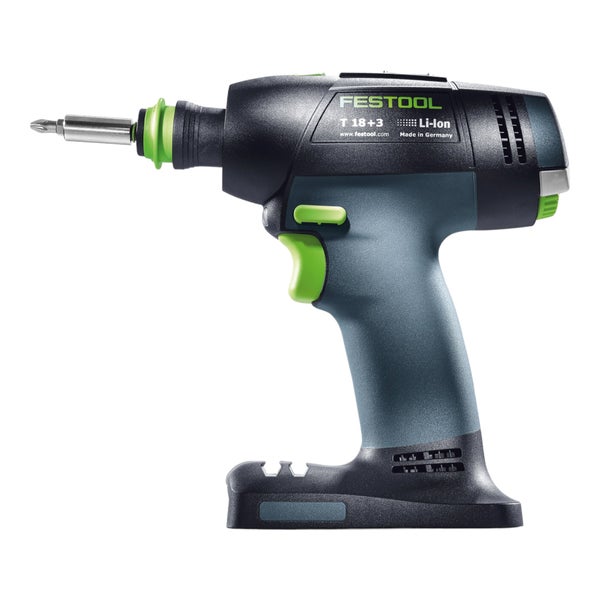 Festool Akku-Bohrschrauber T 18+3 Li-Ion in Schwarz, Grau und Grün mit Bit-Einsatz.
