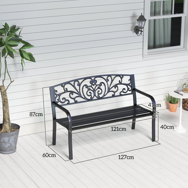 Outsunny wetterfeste Sitzbank, 2 Sitzer Balkonbank, bis 250 kg Belastbar für Balkon, 127cm x 60cm x 87cm, Metall, Schwarz