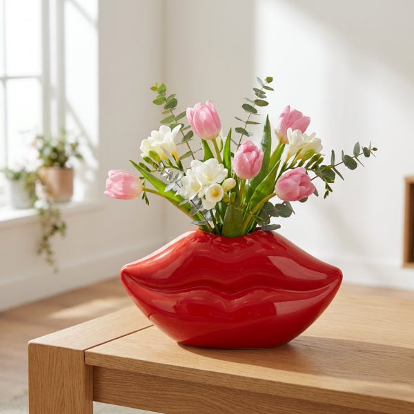 Dekorative Vase in Lippenform mit einem Frühlingsstrauß aus Tulpen und Freesien auf einem Holztisch in einem hellen Wohnraum.