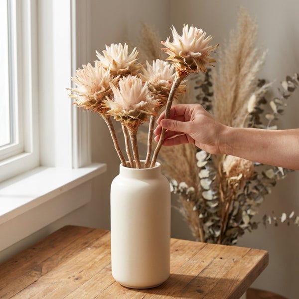 Eine Hand platziert getrocknete Protea Blumen in einer schlichten Keramikvase auf einem Holztisch.