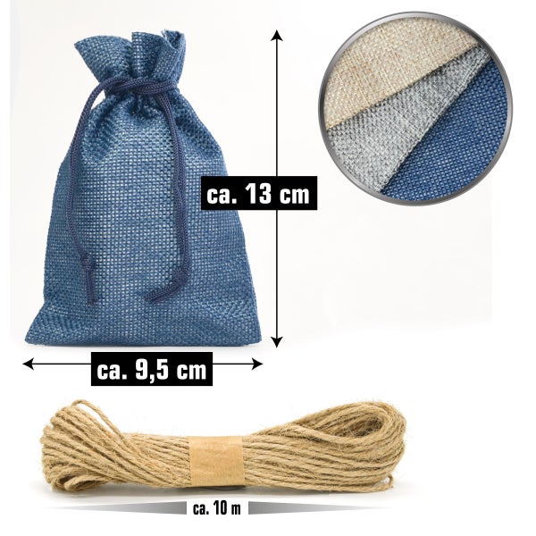 Stoffsäckchen mit Kordelverschluss in circa 13 mal 9,5 Zentimeter inklusive 10 Meter Jutekordel zur dekorativen Verpackung.