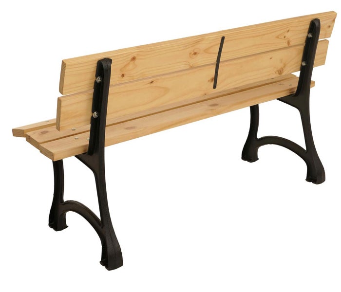 Gartenbank mit Holzsitzen und Rückenlehne sowie Füßen aus Metall