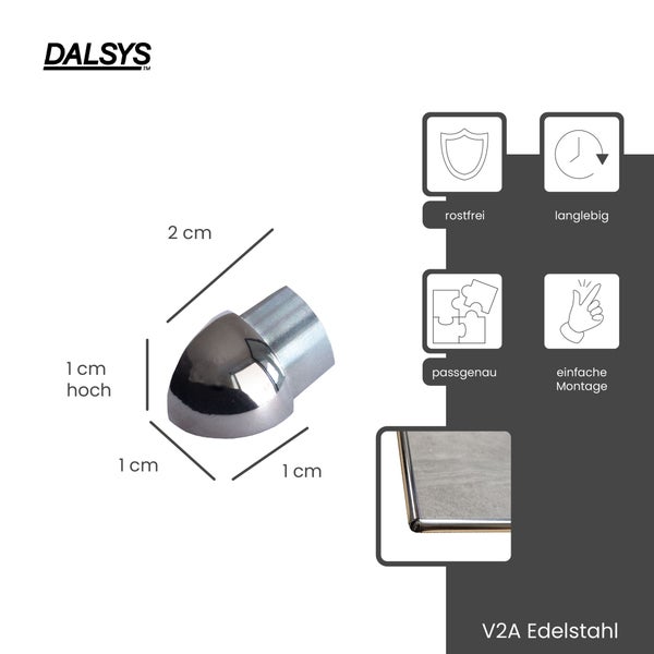 DALSYS Logo. Endkappe aus V2A Edelstahl für Profile. Maße 1 Zentimeter hoch, 1 Zentimeter breit, 2 Zentimeter lang. Rostfrei, langlebig, passgenau.