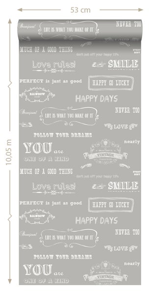 Tapete mit verschiedenen Schriftzügen, 53 cm breit und 10,05 m lang